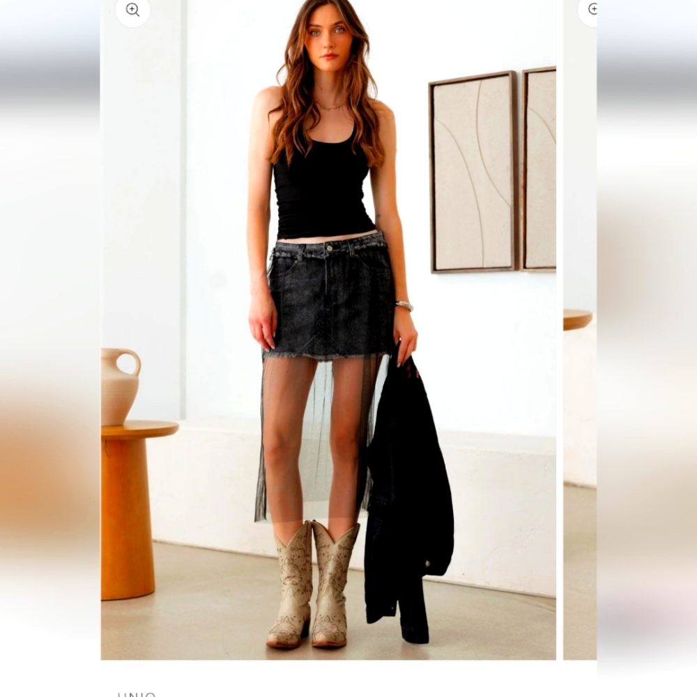 Black denim distressed mini skirt with tulle mesh overlay - Picture 3 of 11